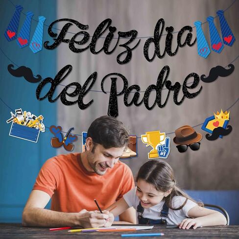 Spanish Happy Fathers Day Banner, NO-DIY Feliz Dia Del Padre Decoracion includes Black Glitter Feliz Dia Del Padre Banner and Father's Day Decorations Garland, Decoraciones Para El Dia Del Padre in Saudi Arabia