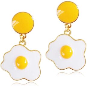 ANDPAI Chic Funny Cute 14k Gold Enamel Fried Egg Stud Earring Poached Egg Dangle Drop Earrings for Women Girls Lover Kitchen Cooking Statement Jewelry Gifts