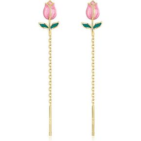 SLUYNZ 925 Sterling Silver Tulip Flower Dangle Earrings Chain for Women Teen Girls Pink Flower Dangling Earrings Threader Tassel