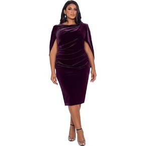 Betsy & Adam Women's Plus Size Short Velvet Cowl Neck Dress with Draped Back