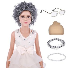 Old Lady Costume Wig for Women Child Kids 100 Days of School Wig Short Curly Silver Wig Granny Costumes Halloween Wig(5 Pieces)