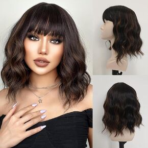 Short Bob Auburn Copper Wavy Wigs for Women Natural Shoulder Length Wig with Bangs Synthetic Wigs for Daily Cosplay