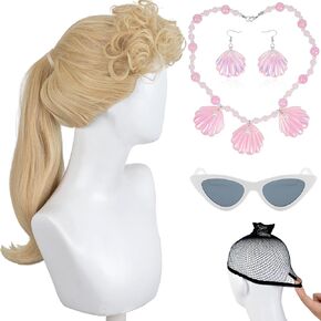 Long Blonde Wig with Bangs for Women Wavy Synthetic Hair Wigs for Girls Cosplay Costume Halloween Party Daily Wear Including Hot Pink Shell Necklace Earrings White Sunglasses and Bow Hair Clip