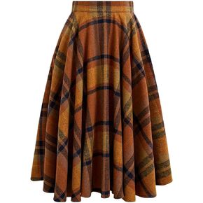 CHICWISH Women’s Fall Winter Vintage Plaid Wool Skirts High Waist A-Line Pleated Midi Skirt Pumpkin