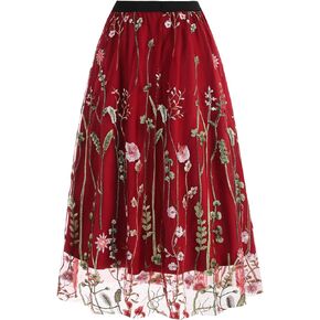 Women's Midi Length Skirt Layered Tulle A Line Skirts Embroidery/Floral Print Elastic Waist