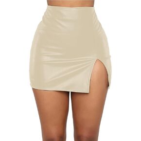 Womens Faux Leather High Waist Slit Hem Pencil Skirt Sexy Mini Bodycon Skinny Solid Black
