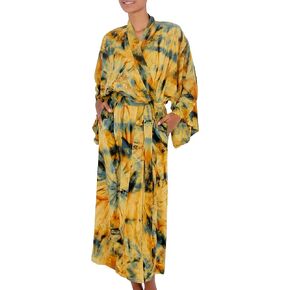 NOVICA Handmade Long Fancy Robe for Women with Yellow Batik Pattern, Golden Firebirds'