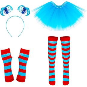 مجموعة أزياء QZYL مكونة من 4 قطع، تنورة توتو من التول الأزرق وأربطة رأس على شكل ذيل حصان وقفازات مخططة باللون الأزرق والأحمر وجوارب عالية للركبة للفتيات التنكرية in Kuwait