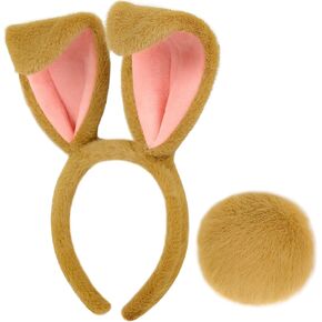 Easter Bunny Ears Headband and Tail Set, Brown Plush Easter Bunny Costume Accessories for Adults and Kids, Easter Rabbit Ears Headband Bunny Cosplay Dress up Party Supplies