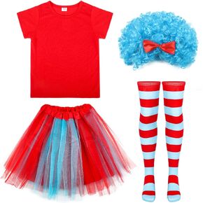 Panitay 4 Pcs Halloween Cosplay Costume, Red Cotton Shirts Blue Tutu Skirt Long Striped Socks and Blue Afro Wig Set, Halloween Dress up for Women Teen Girls Cosplay Party Supplies