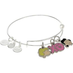 Alex and Ani Peanuts™، سوار XO Smak Trio Charm القابل للتوسيع، لمسة نهائية فضية لامعة، حلية وردية