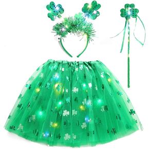 DRESBE St. Patrick's Day Costume Set Green LED Shamrock Headband Skirt Fairy Stick Light Up Irish Festival Apparel Suit for Women and Girls(3pcs)