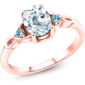 Gem Stone King 18K Rose Gold Plated Silver Sky Blue Aquamarine and Swiss Blue Topaz 3-Stone Rings For Women (1.26 Cttw, Gemstone March Birthstone, Oval 8X6MM, Available In Size 5, 6, 7, 8, 9)