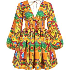 Mocure African Dashiki Printing Dress Long Sleeve Midi Fit Foraml A Line Swing Dresses