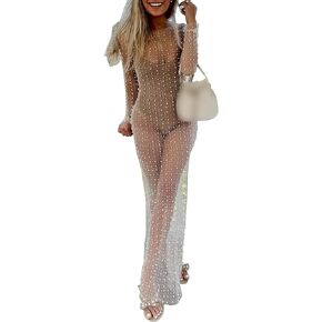 xxxiticat Women's Rhinestone Mesh Cover Ups Long Sleeve Fake Pearl Bubble Bead Crystral See Through Beach Party Maxi Dress