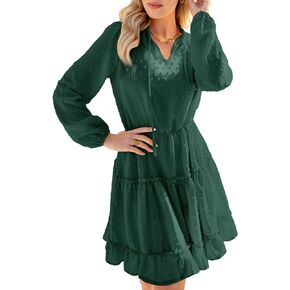 CUPSHE Women's V Neck Pom Pom Long Sleeve Ruffled Drawstring A Line Mini Dress Green