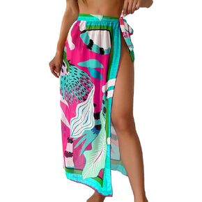 WDIRARA Women's Swimwear Printed High Waist Split Knot Side Cover Up Skirt