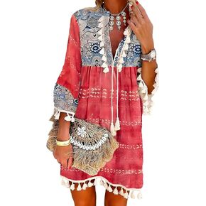 Floerns Women's Floral Print Cover Up Tie Neck 3/4 Sleeve Tassel Trim Summer Short Dress