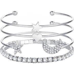 Yrolrorh Moon Star Bracelet Hand Chain Boho Rhinestone Open Cuff Silver Bracelets Set Jewelry Gifts for Women Teen Girls 4-piece set