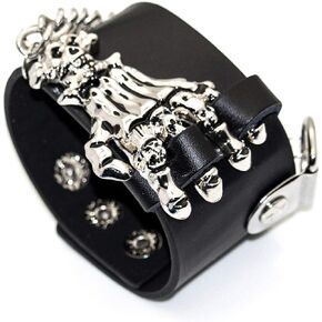 Heavstjer Punk Alloy Skull Wristband Chain Wide Leather Cuff Bracelet