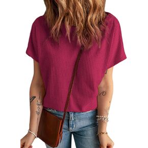Dokotoo Women's Causual Boat Neck Short Sleeve Waffle Knit Shirts Loose Summer Tunic Tops Blouses