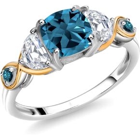 Gem Stone King 925 Silver and 10K Yellow Gold 3-Stone Ring Cushion Topaz Half Moon Moissanite and Blue Diamond (1.85 Carat Cttw)
