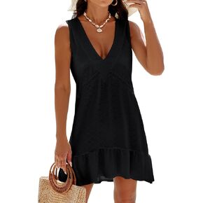 BMJL Womens Swimsuit Cover Up V Neck Bathing Suit Cover Ups Eyelet Tank Beach Coverups Swimwear Dress(2XL,Black)