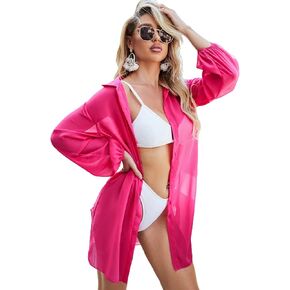 GORGLITTER Women's Button Down Cover Up Blouse Sheer Long Sleeve Swimsuit Kimono Shirts
