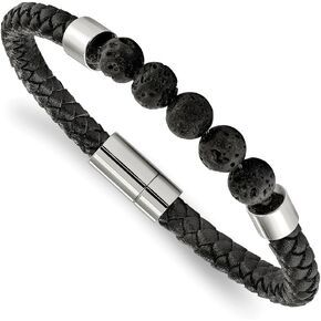 Jewels By Lux Stainless Steel Polished Black Leather with Lava Stones 8.75 Inch Bracelet