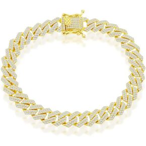 Beaux Bijoux 8.6mm/10.3mm Monaco Bracelet and Necklace Chain 8", 8.5", 20", 22", 24" with Micro Pave Simulated Diamond CZ Silver/14k Gold Plated Sterling Silver Jewelry for Men and Unisex
