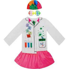 AlecosFun Girls Mad Scientist Costume, Evil Scientific 3 Pcs Set Dress Cap Glasses, Lab Skirt for Kids Halloween 3-10 Years