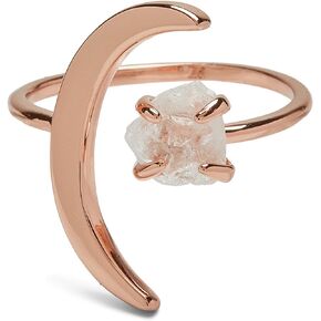 Pura Vida Rose Gold-Plated Crescent Moon Ring w/White Crystal - Adjustable Ends, Brass Base - Size 5-9