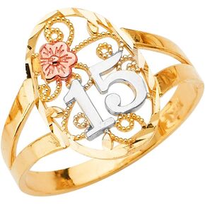 Ioka -14K Solid Tri Color Gold Sweet 15 Anos 15 Years Birthday Quinceanera Flower Ring