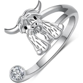 Highland Cow Ring 925 Sterling Silver Adjustable Cow Rings Cute Animal Cow Jewelry Gift for Women Girls Daughter Animal Lover