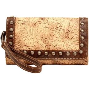 Women's Embossed Studded Clutch Wallet Brown One Size