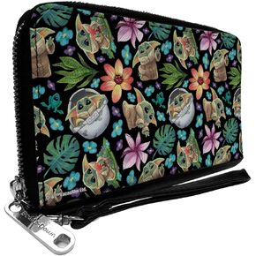 Buckle-Down Star Wars Wallet, Zip Around, Star Wars The Child Poses and Floral Collage Black Multi, Vegan Leather