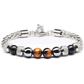 Auoy Dhof Tiger Eye Stone Bracelet Beaded Couple Bracelet for Women and Men Titanium Steel Chain Adjustable 8 mm