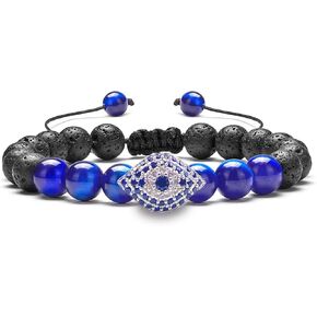 Auoy Dhof Tiger Eye Stone Bracelet Beaded Couple Bracelet for Women and Men Titanium Steel Chain Adjustable 8 mm