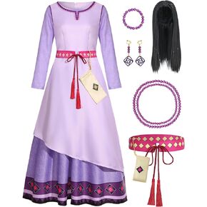 Women Wish Asha Costume Dress Up Adult Princess Heroine Cosplay Long Sleeve Dress with Accessories Christmas Gift