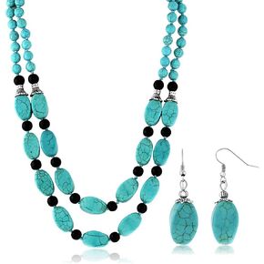 Gem Stone King 18 Inch Stunning Beads Simulated Turquoise Howlite Double Necklace and Earrings Set for Women