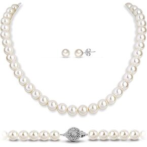 White Pearl Necklace Stud Set: 8mm/10mm Elegant White Pearl Stand Stud Earring Wedding Jewelry with Dainty Silver Clasp for Bride Bridemaid - Trendy Simple Dainty Wedding Fashion Prom Accessory for Girl Mother Women