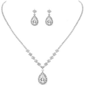 Yokawe Bride Necklace Earrings Set Silver Rhinestones Bridal Wedding Jewelry Sets Teardrop Pendant Crystal Choker Necklaces for Women and Girls