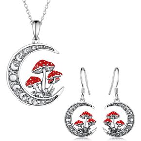 SVODEA Moon Mushroom Necklace and Earrings,925 Sterling Silver Magical Red Mushroom Pendant Moon Phase Jewelry Set,Christmas Birthday Gifts for Women Girlfriend Teen Girls