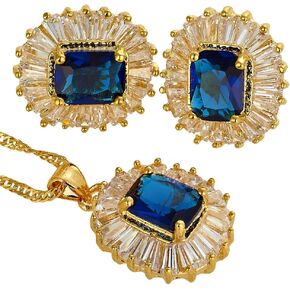 RIZILIA Jewelry Set Pendant with 18" Chain & Stud Earrings Rectangular Cut CZ [5 Colours available] in Yellow Gold Plated, Simple Modern Elegant