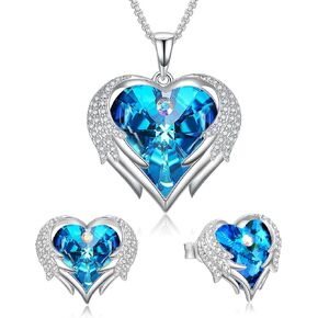 Praelinos Angel Wing Heart Necklaces and Earrings for Women Austria Crystal White Gold Plated Silver Tone 5A Cubic Zirconia Jewelry Set Gifts for Mom Girlfriend Wife Girls Her