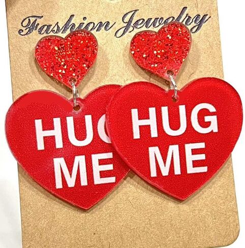 Pingyongchang Cute Love Heart Glitter Acrylic Dangle Earrings for Women Girls Hug Me Be Mine Kiss Me Letter Heart Shape Drop Valentines Day Mother's Day Birthday Day Jewelry Gift in Saudi Arabia