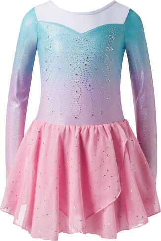 LIONJIE Little Girls Long Sleeve Shiny Diamond Gymnastics Leotards with Tutu Dress Skirt Ballet Dance Biketards in Saudi Arabia