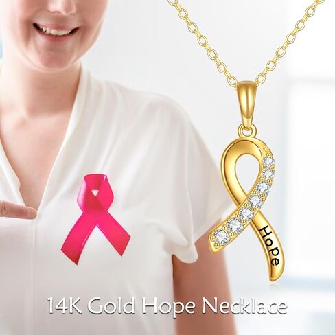 14K Solid Gold Breast Cancer Souvenir Necklace Real Gold Pendant Pink Ribbon Jewelry Gifts for Women Girls in Saudi Arabia