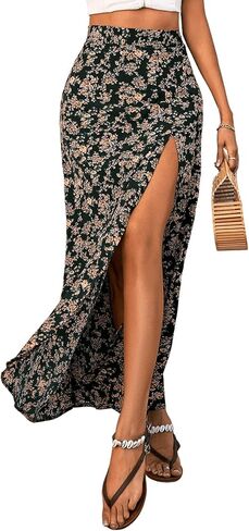 Verdusa Women's Sexy Boho Floral Split Thigh Zipper High Waist Swing Midi Skirt Black Flower XL in Saudi Arabia