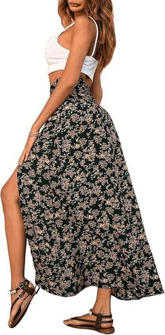 Verdusa Women's Sexy Boho Floral Split Thigh Zipper High Waist Swing Midi Skirt Black Flower XL in Saudi Arabia